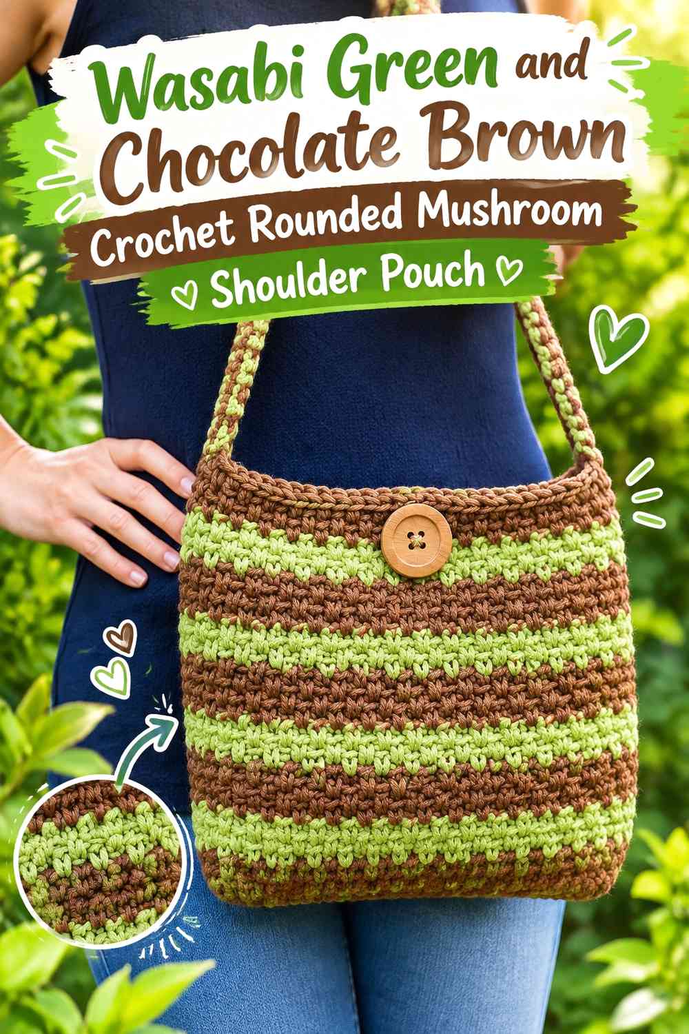 Wasabi Green and Chocolate Brown Crochet Rounded Mushroom Shoulder Pouch