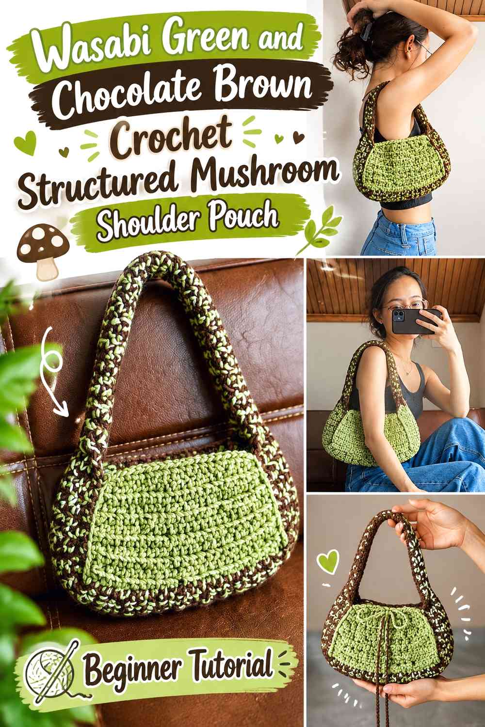 Wasabi Green and Chocolate Brown Crochet Structured Mushroom Shoulder Pouch