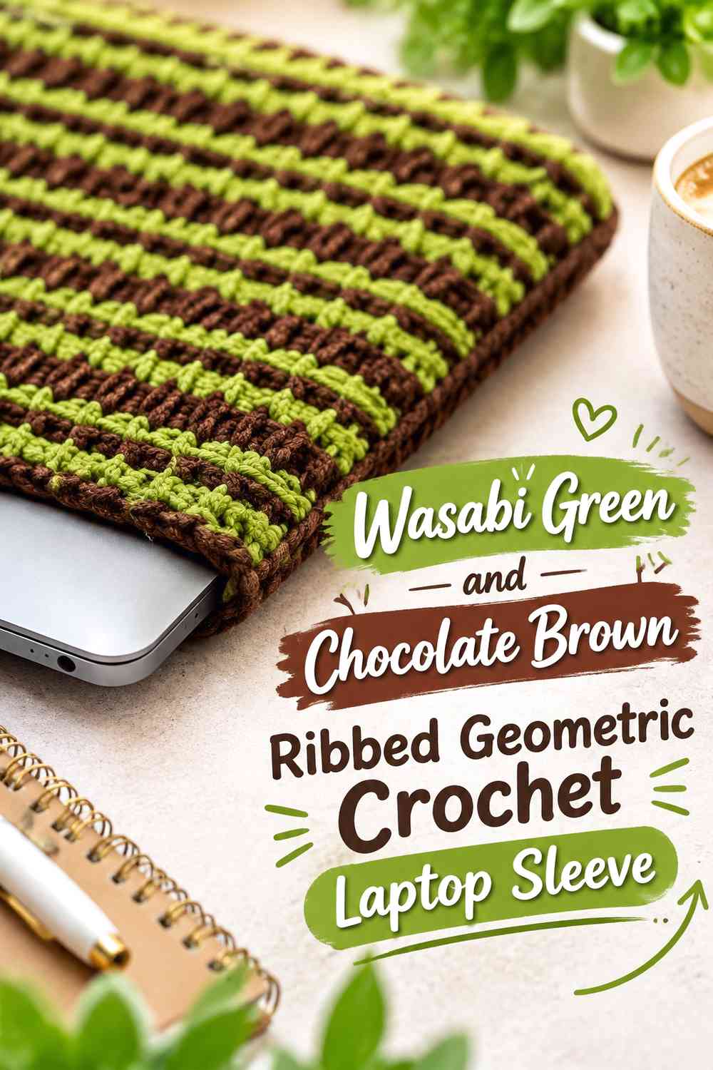 Wasabi Green and Chocolate Brown Ribbed Geometric Crochet Laptop Sleeve
