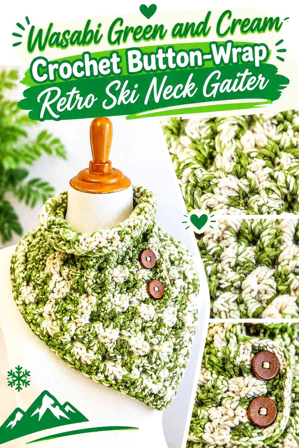 Wasabi Green and Cream Crochet Button-Wrap Retro Ski Neck Gaiter