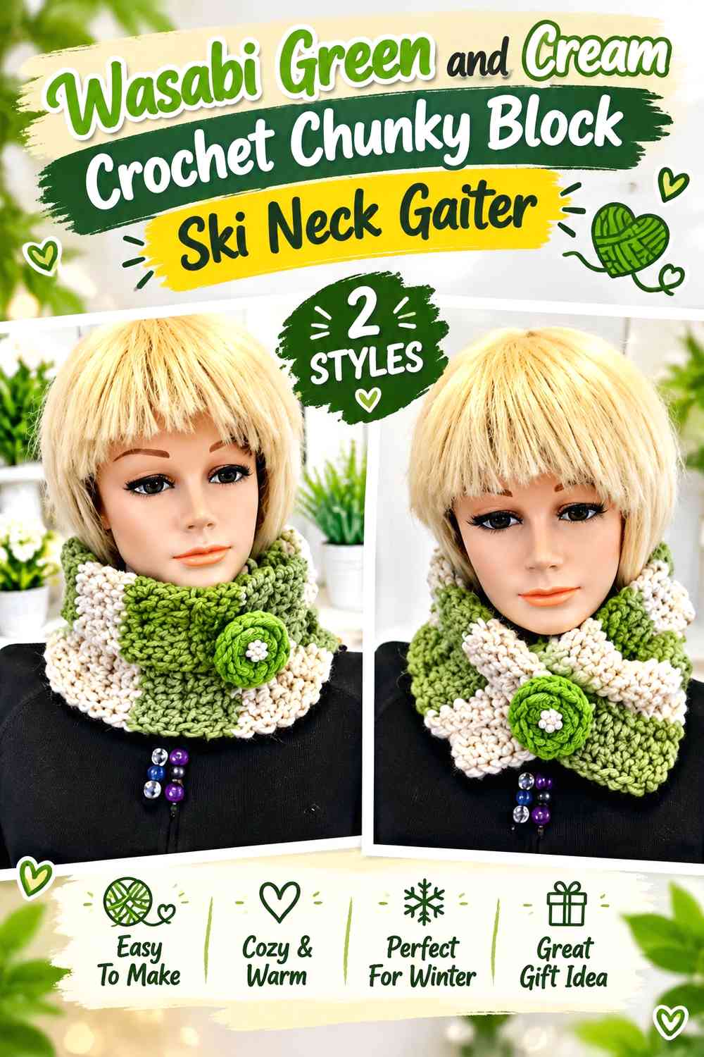 Wasabi Green and Cream Crochet Chunky Block Ski Neck Gaiter