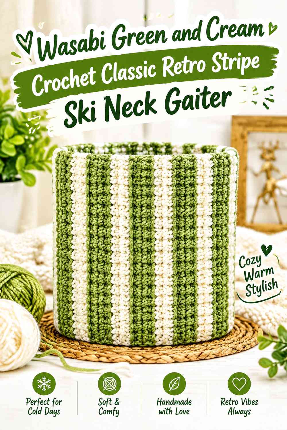 Wasabi Green and Cream Crochet Classic Retro Stripe Ski Neck Gaiter