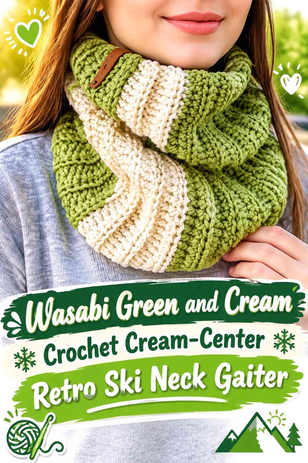 Wasabi Green and Cream Crochet Cream-Center Retro Ski Neck Gaiter