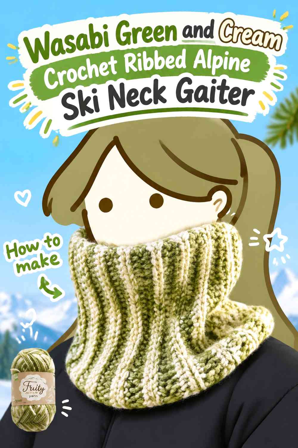 Wasabi Green and Cream Crochet Ribbed Alpine Ski Neck Gaiter