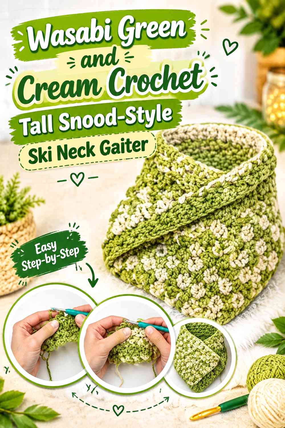 Wasabi Green and Cream Crochet Tall Snood-Style Ski Neck Gaiter