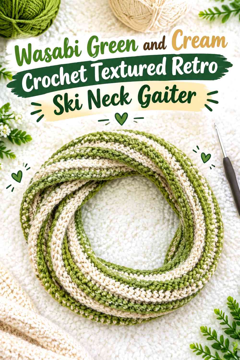Wasabi Green and Cream Crochet Textured Retro Ski Neck Gaiter
