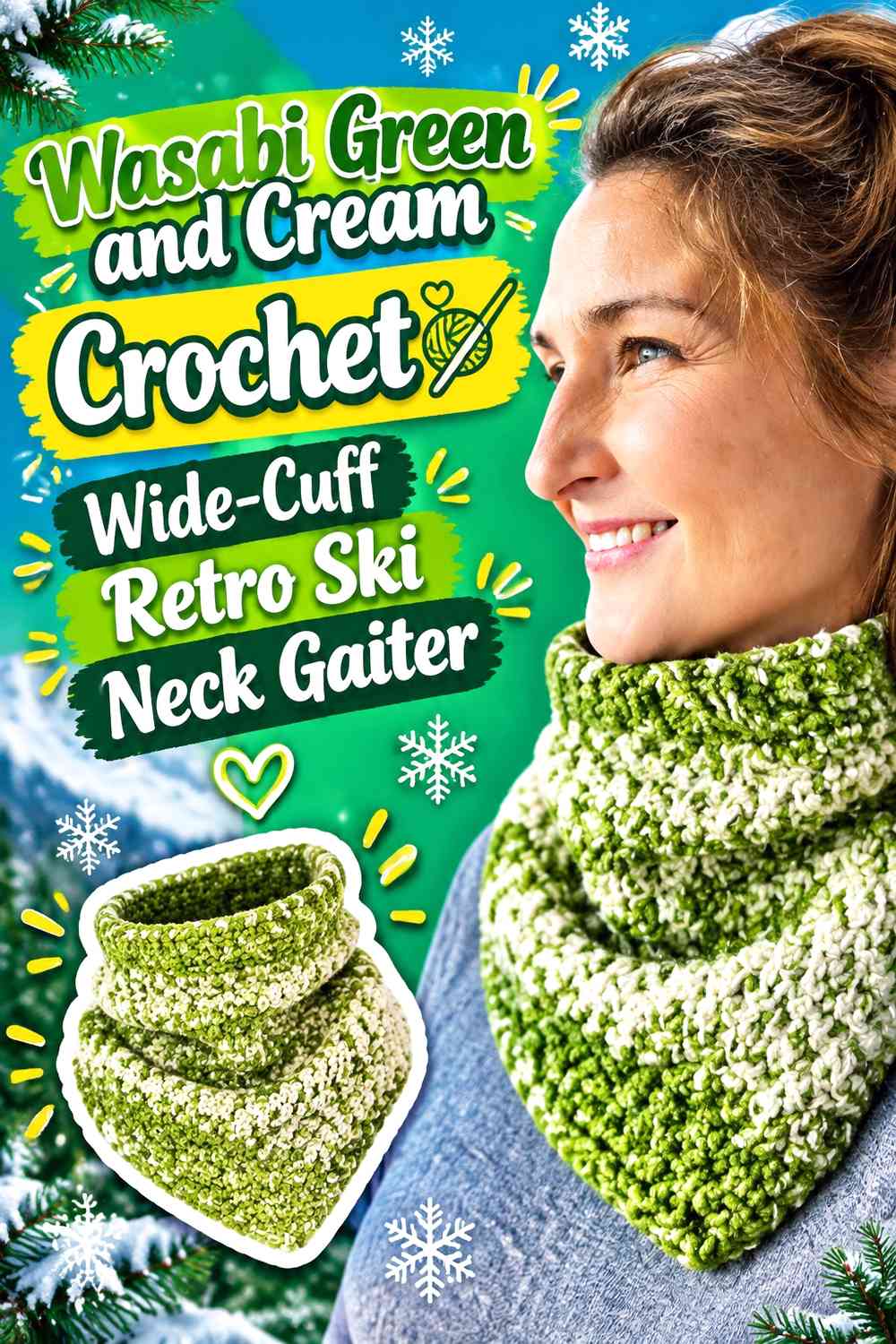 Wasabi Green and Cream Crochet Wide-Cuff Retro Ski Neck Gaiter