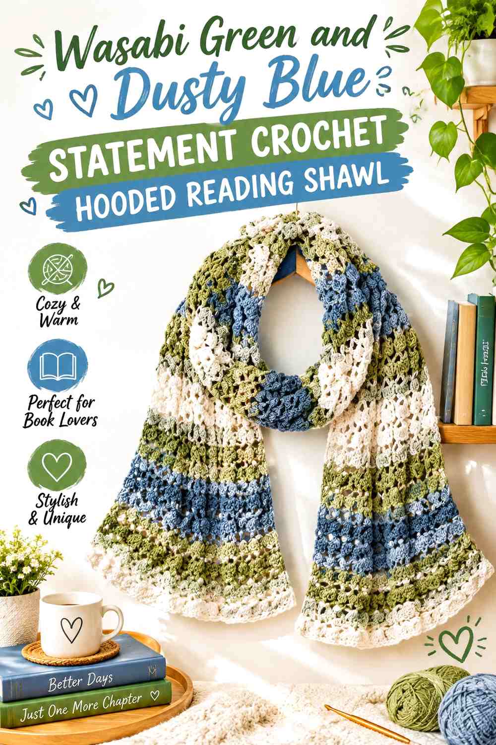 Wasabi Green and Dusty Blue Statement Crochet Hooded Reading Shawl