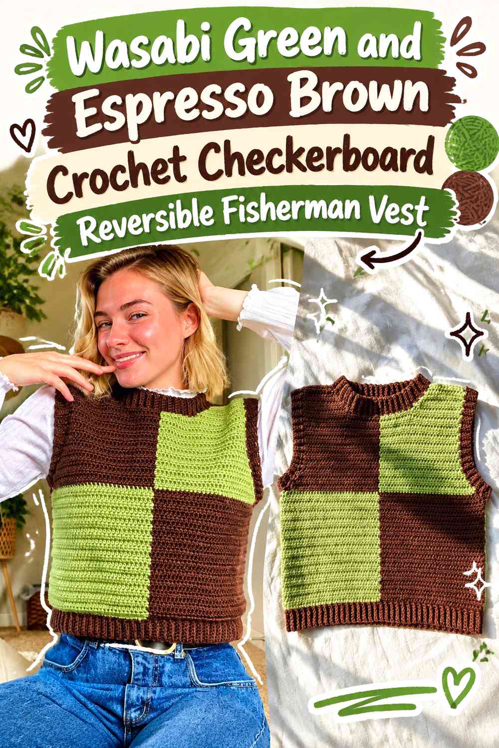 Wasabi Green and Espresso Brown Crochet Checkerboard Reversible Fisherman Vest