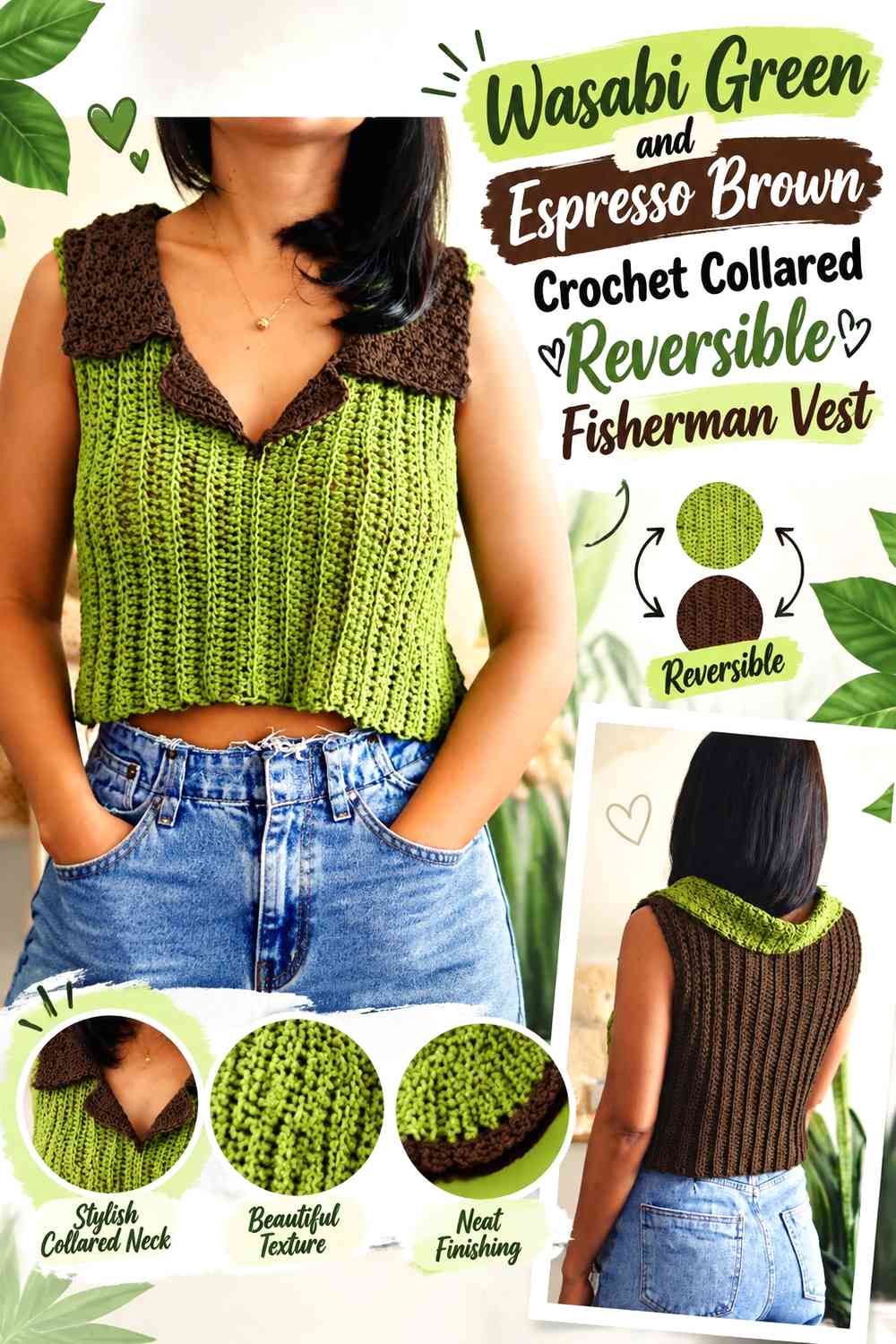 Wasabi Green and Espresso Brown Crochet Collared Reversible Fisherman Vest