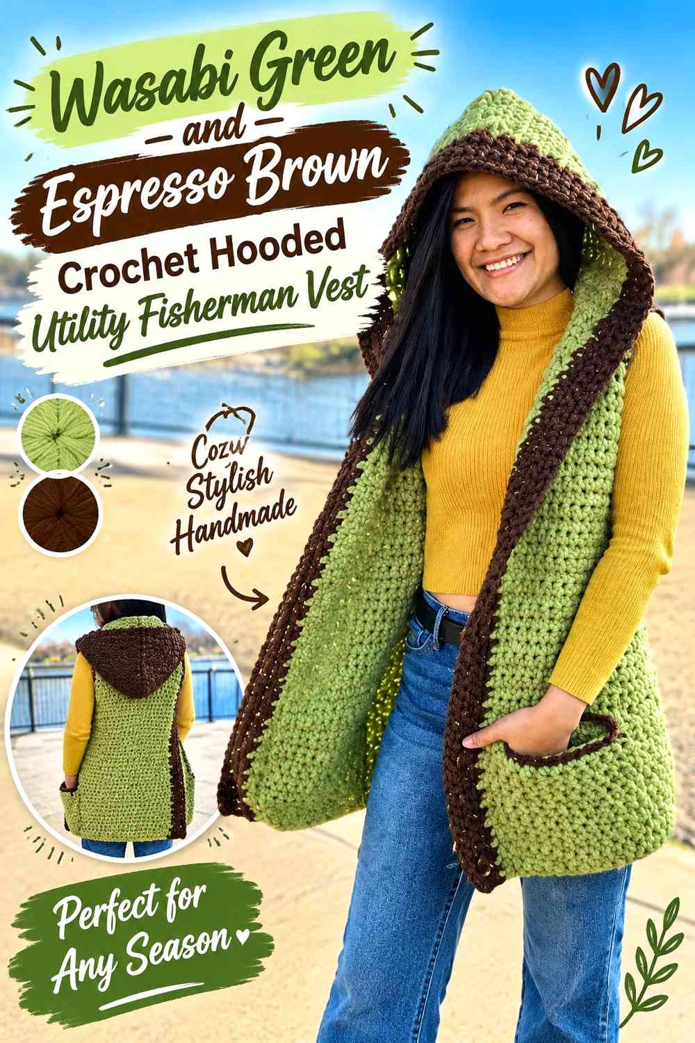 Wasabi Green and Espresso Brown Crochet Hooded Utility Fisherman Vest