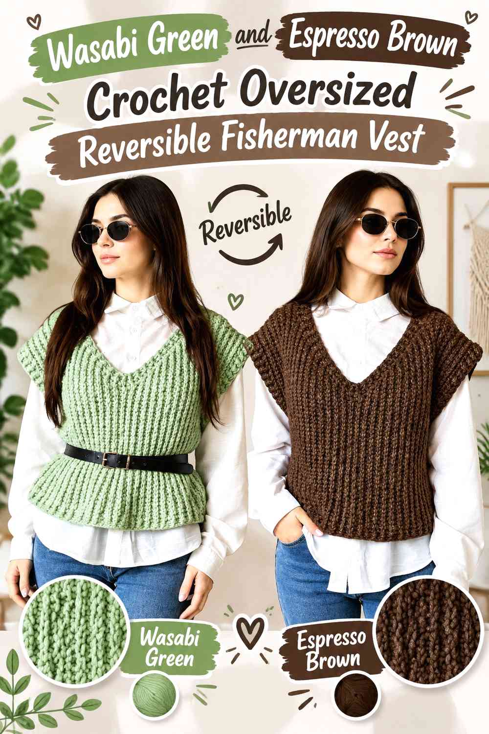 Wasabi Green and Espresso Brown Crochet Oversized Reversible Fisherman Vest