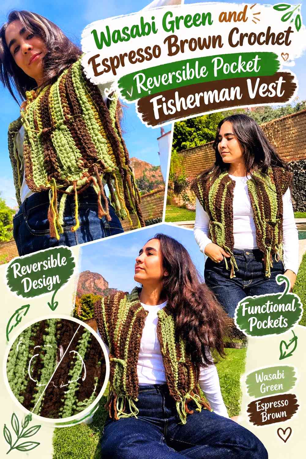 Wasabi Green and Espresso Brown Crochet Reversible Pocket Fisherman Vest