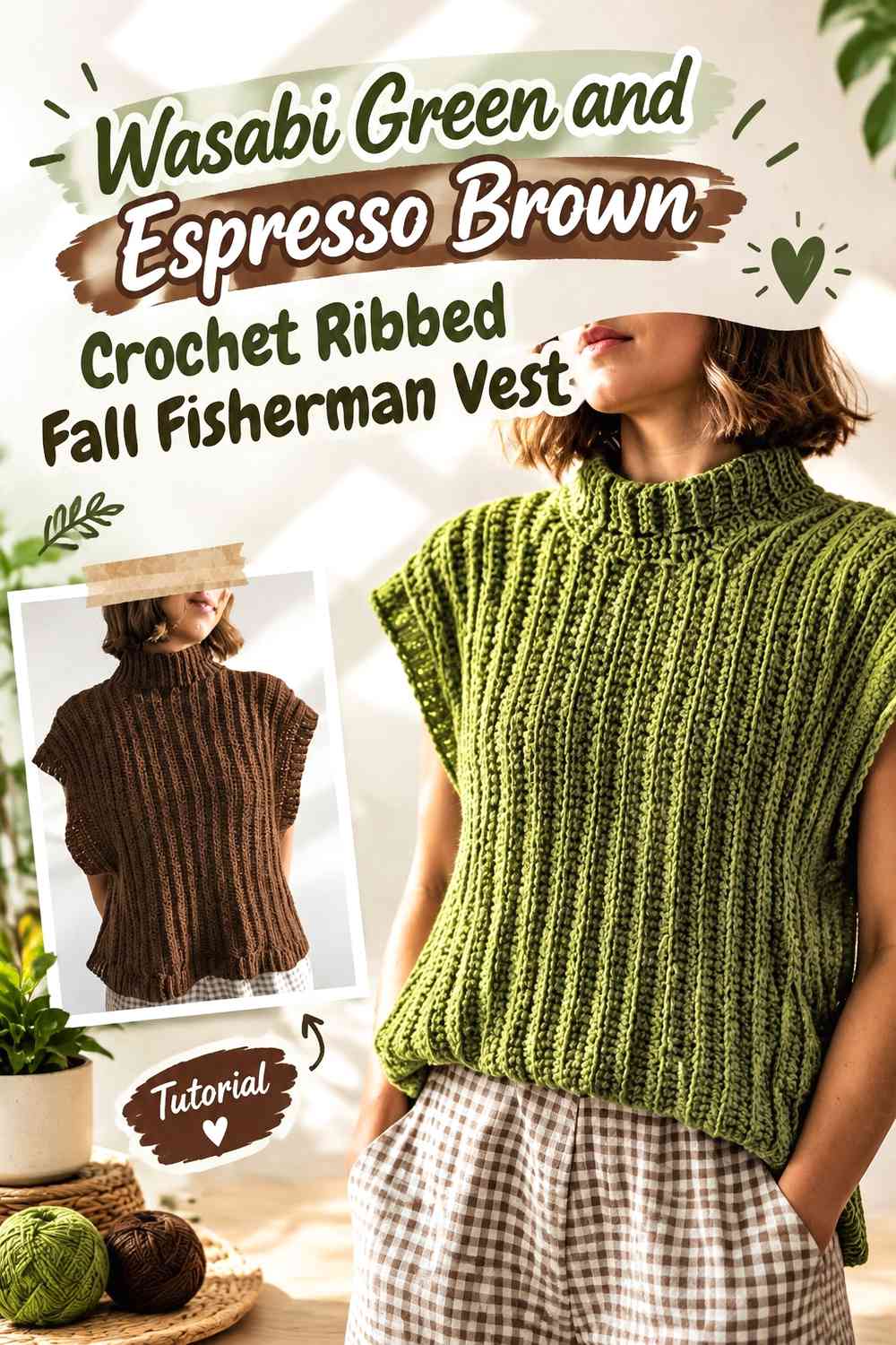 Wasabi Green and Espresso Brown Crochet Ribbed Fall Fisherman Vest