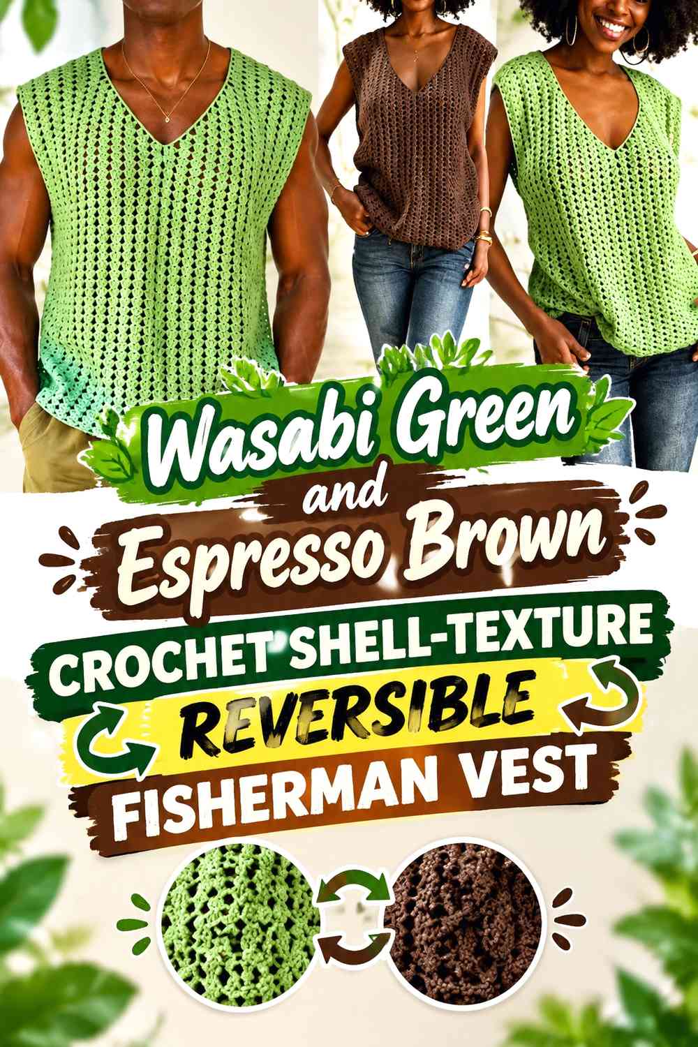 Wasabi Green and Espresso Brown Crochet Shell-Texture Reversible Fisherman Vest