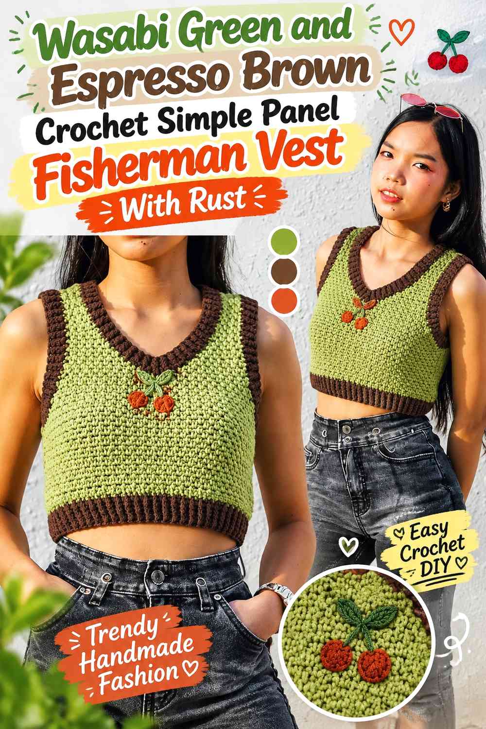 Wasabi Green and Espresso Brown Crochet Simple Panel Fisherman Vest With Rust
