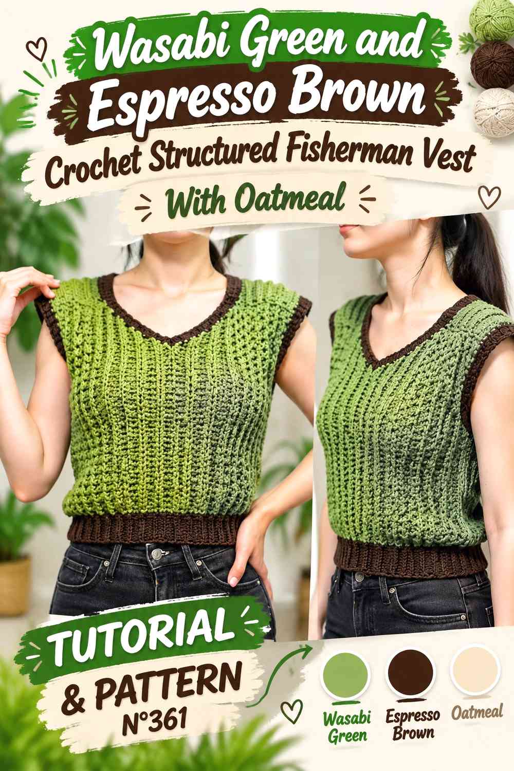 Wasabi Green and Espresso Brown Crochet Structured Fisherman Vest With Oatmeal