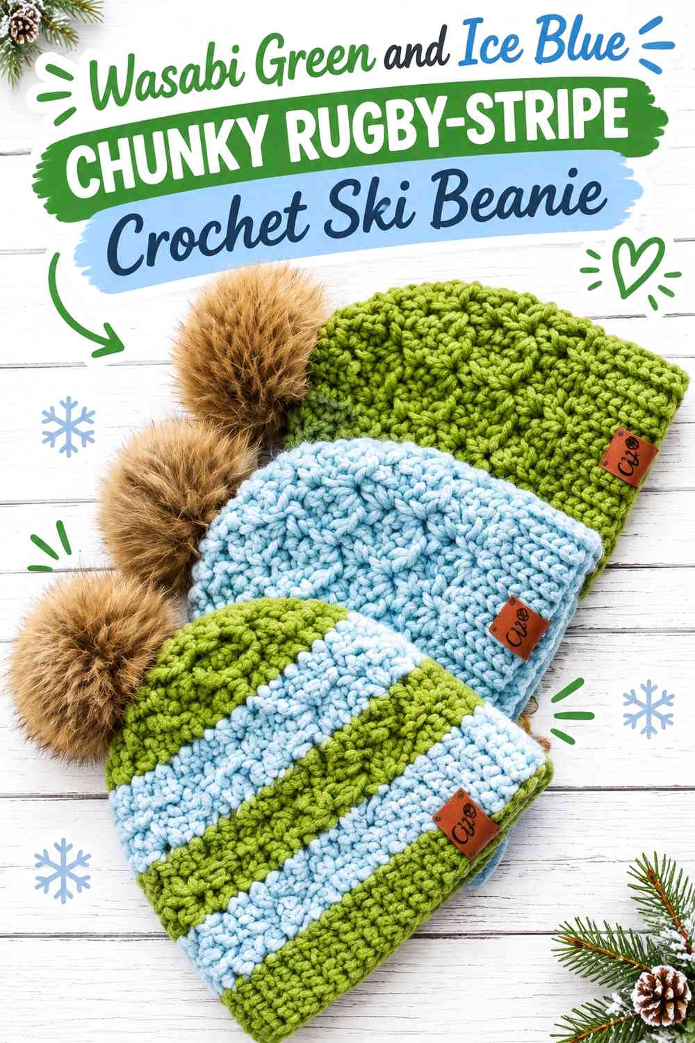 Wasabi Green and Ice Blue Chunky Rugby-Stripe Crochet Ski Beanie