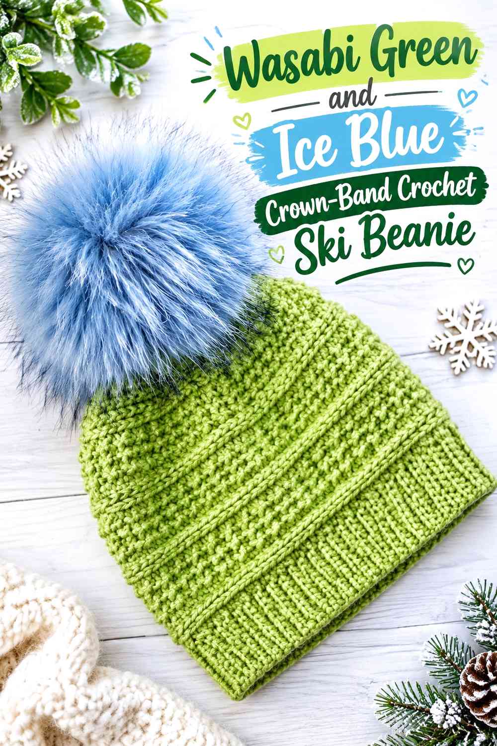 Wasabi Green and Ice Blue Crown-Band Crochet Ski Beanie