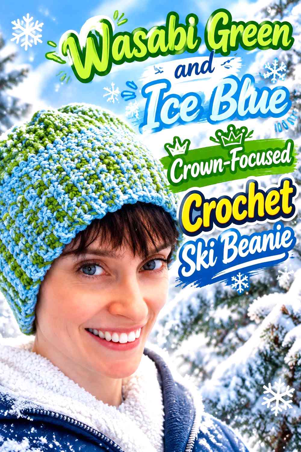 Wasabi Green and Ice Blue Crown-Focused Crochet Ski Beanie