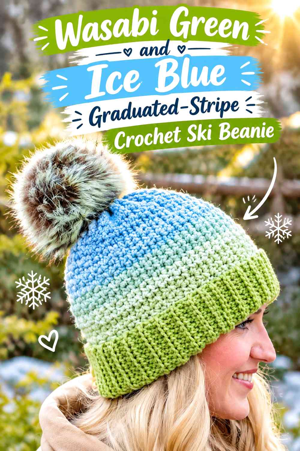 Wasabi Green and Ice Blue Graduated-Stripe Crochet Ski Beanie