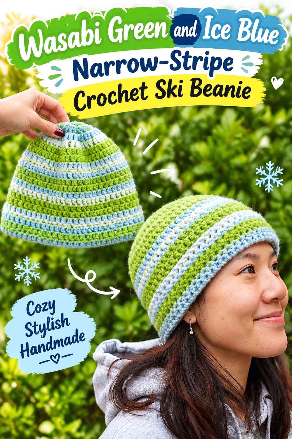 Wasabi Green and Ice Blue Narrow-Stripe Crochet Ski Beanie