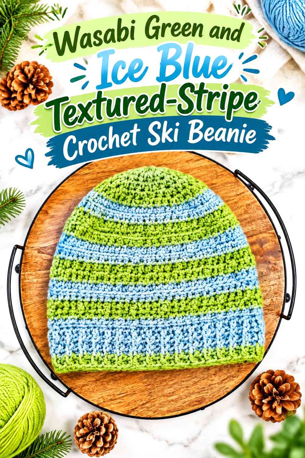 Wasabi Green and Ice Blue Textured-Stripe Crochet Ski Beanie