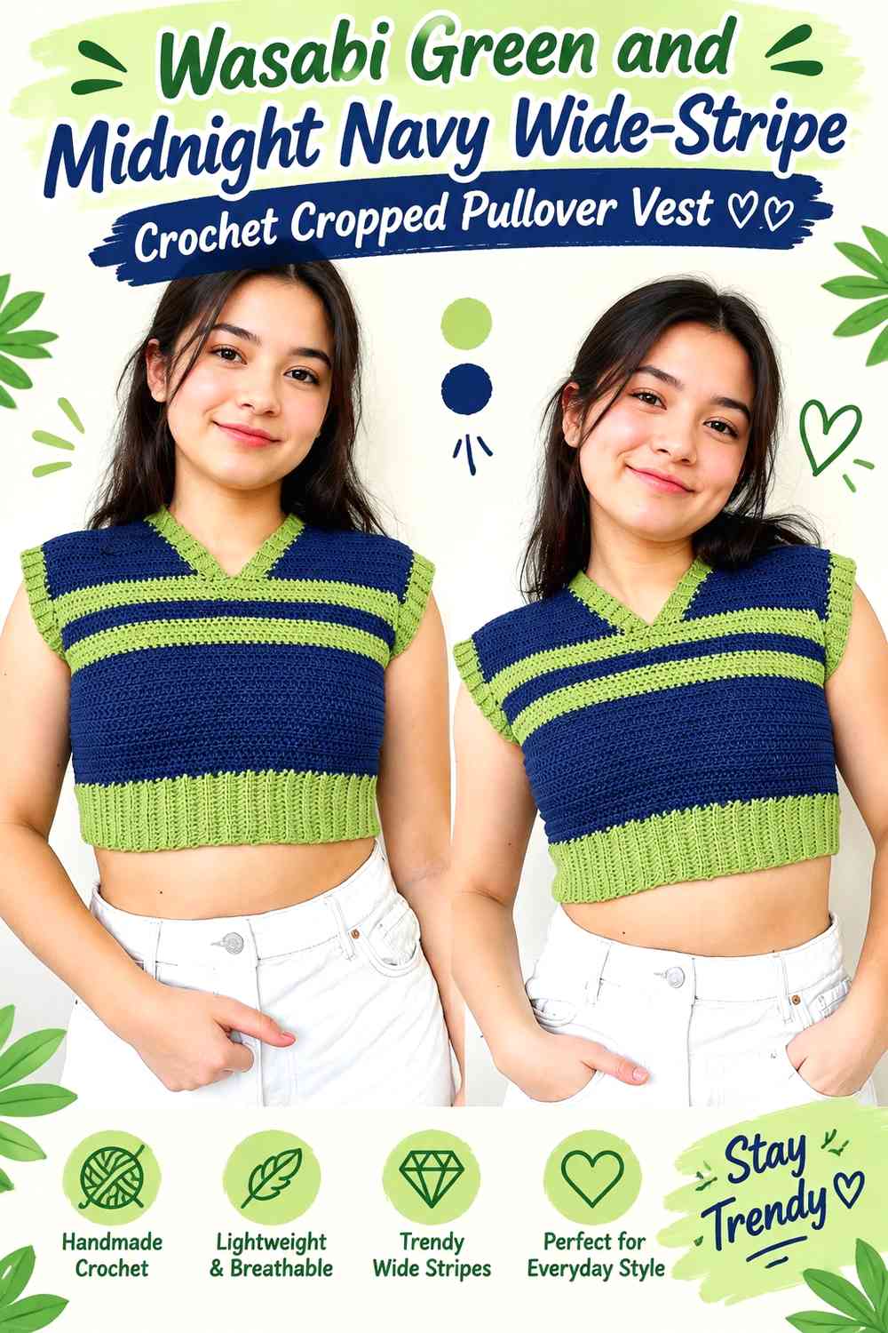 Wasabi Green and Midnight Navy Wide-Stripe Crochet Cropped Pullover Vest