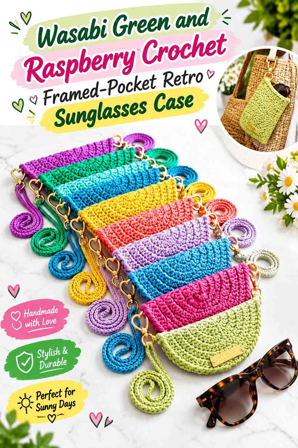Wasabi Green and Raspberry Crochet Framed-Pocket Retro Sunglasses Case