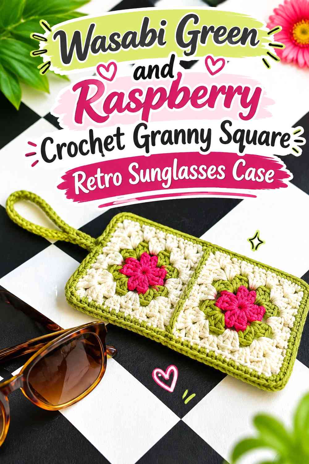 Wasabi Green and Raspberry Crochet Granny Square Retro Sunglasses Case