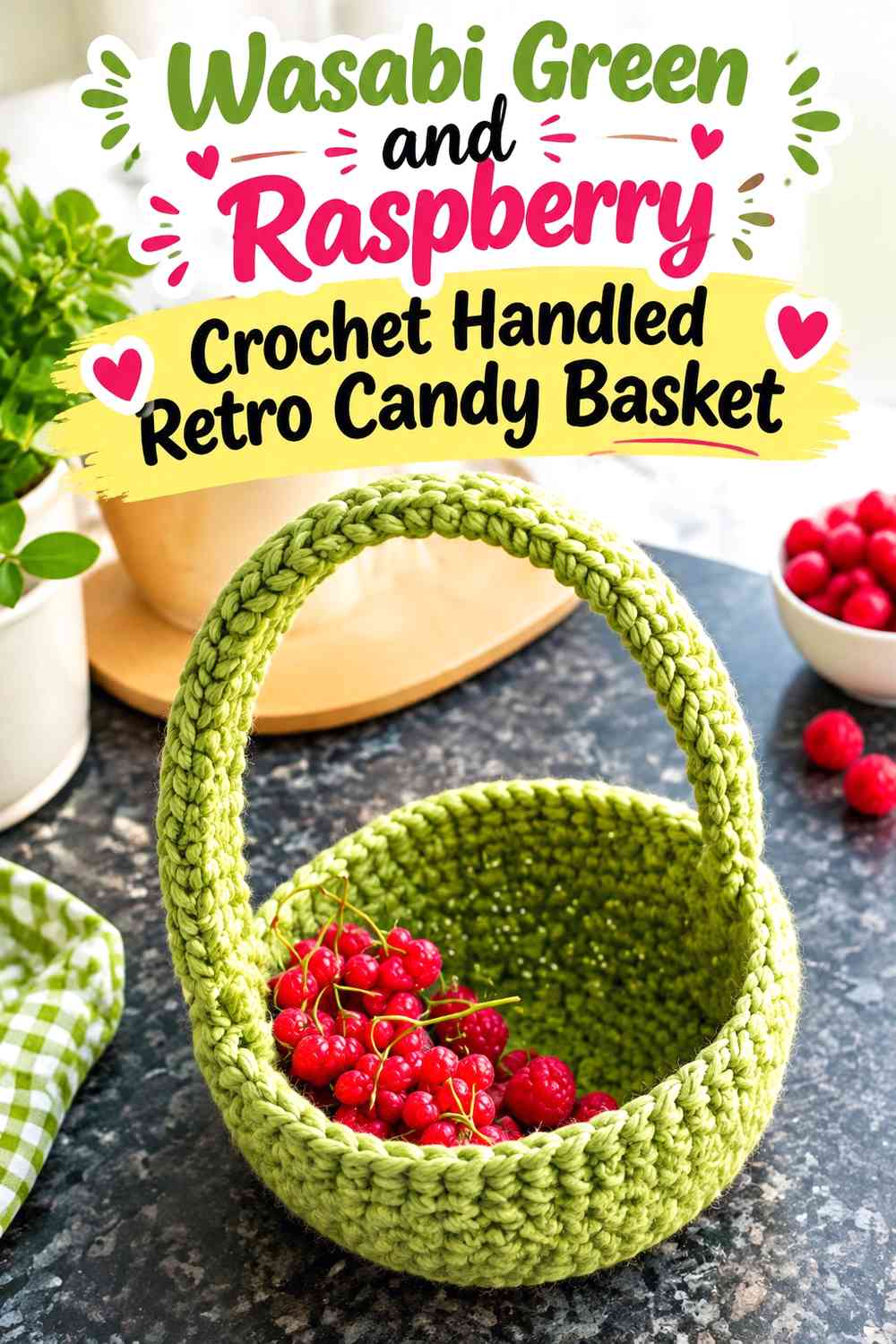 Wasabi Green and Raspberry Crochet Handled Retro Candy Basket