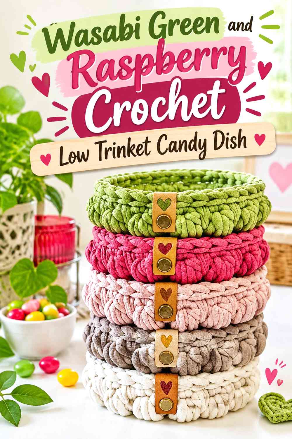 Wasabi Green and Raspberry Crochet Low Trinket Candy Dish