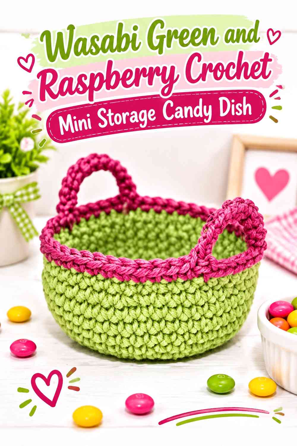 Wasabi Green and Raspberry Crochet Mini Storage Candy Dish
