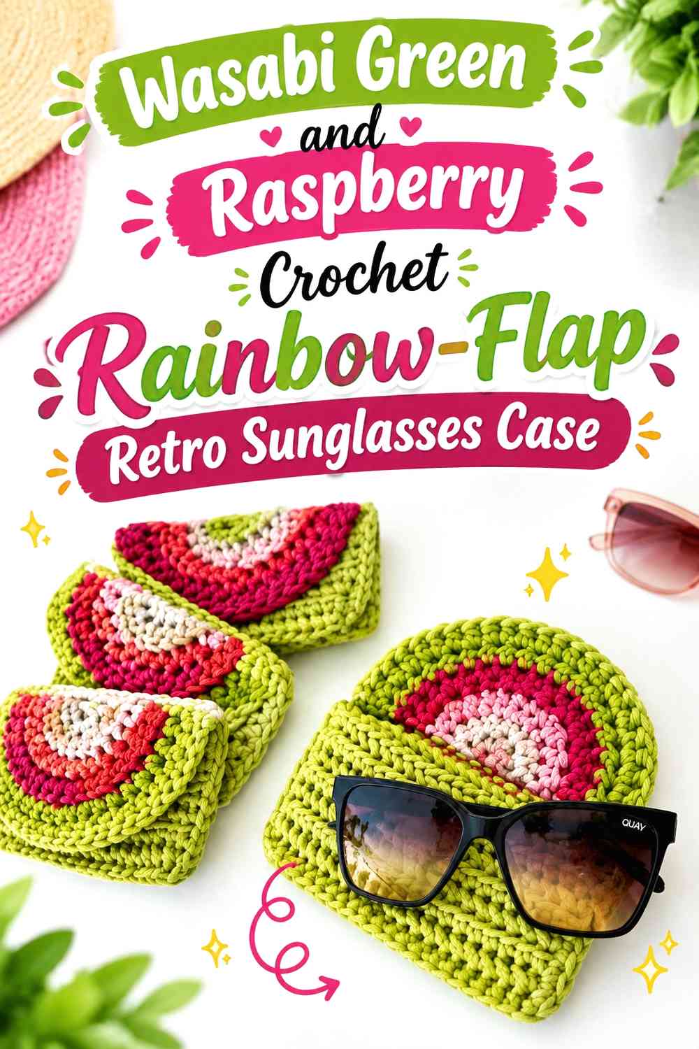 Wasabi Green and Raspberry Crochet Rainbow-Flap Retro Sunglasses Case