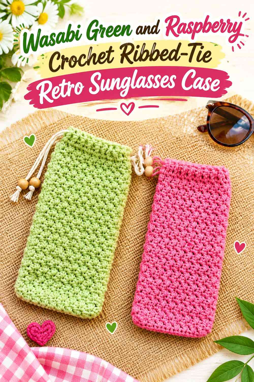 Wasabi Green and Raspberry Crochet Ribbed-Tie Retro Sunglasses Case