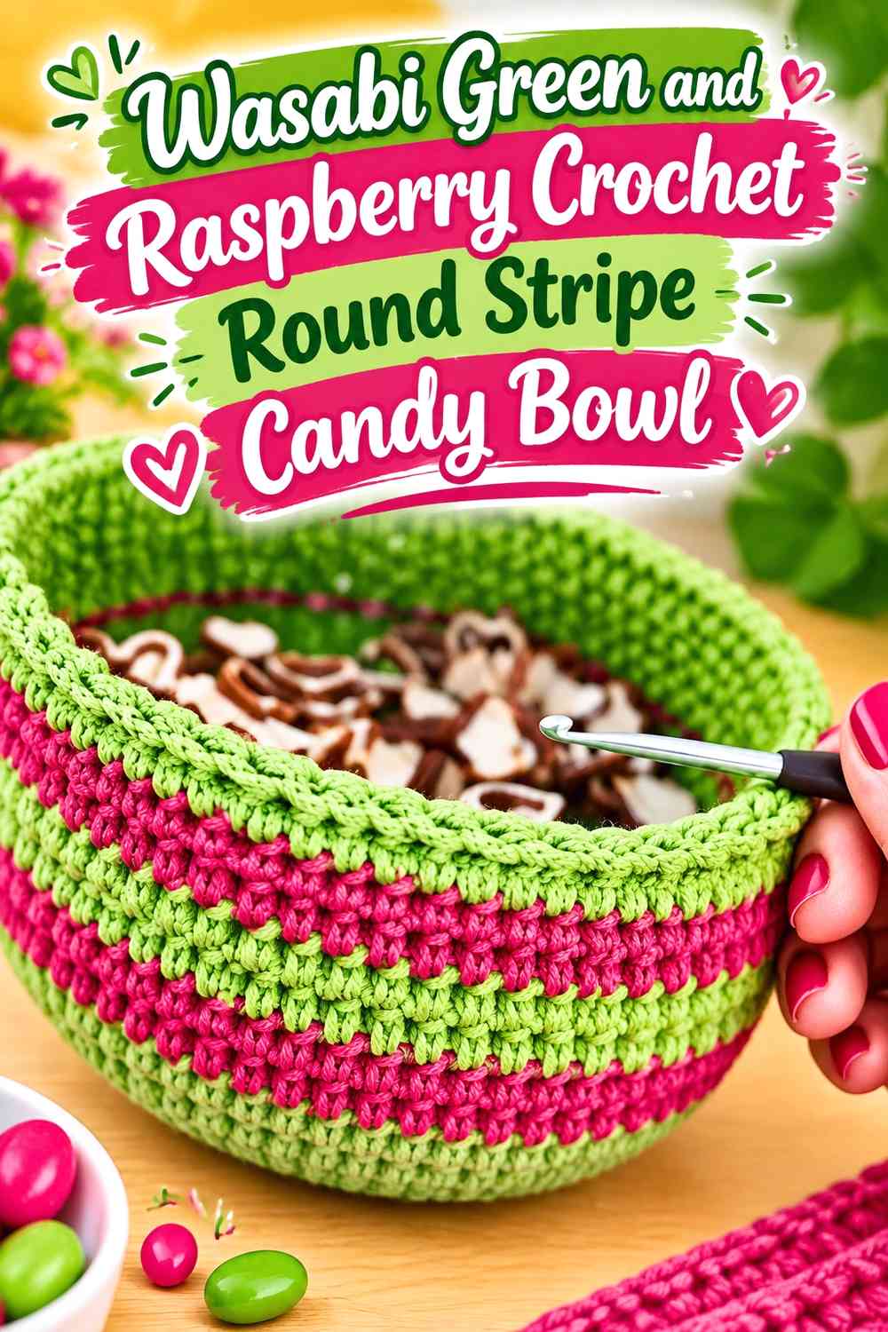 Wasabi Green and Raspberry Crochet Round Stripe Candy Bowl