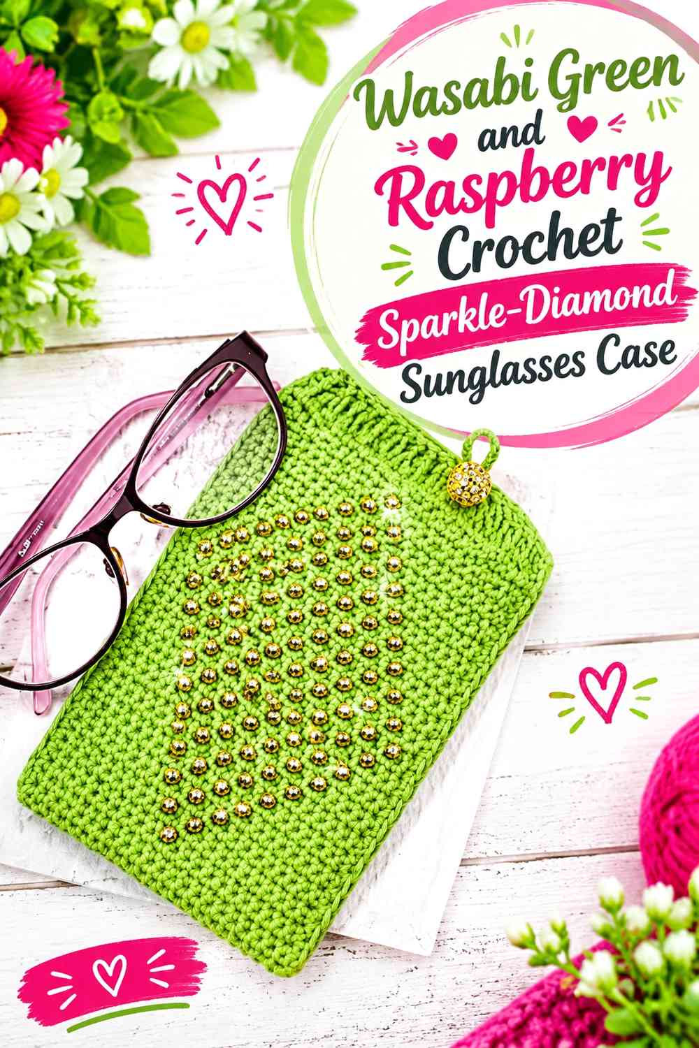 Wasabi Green and Raspberry Crochet Sparkle-Diamond Sunglasses Case