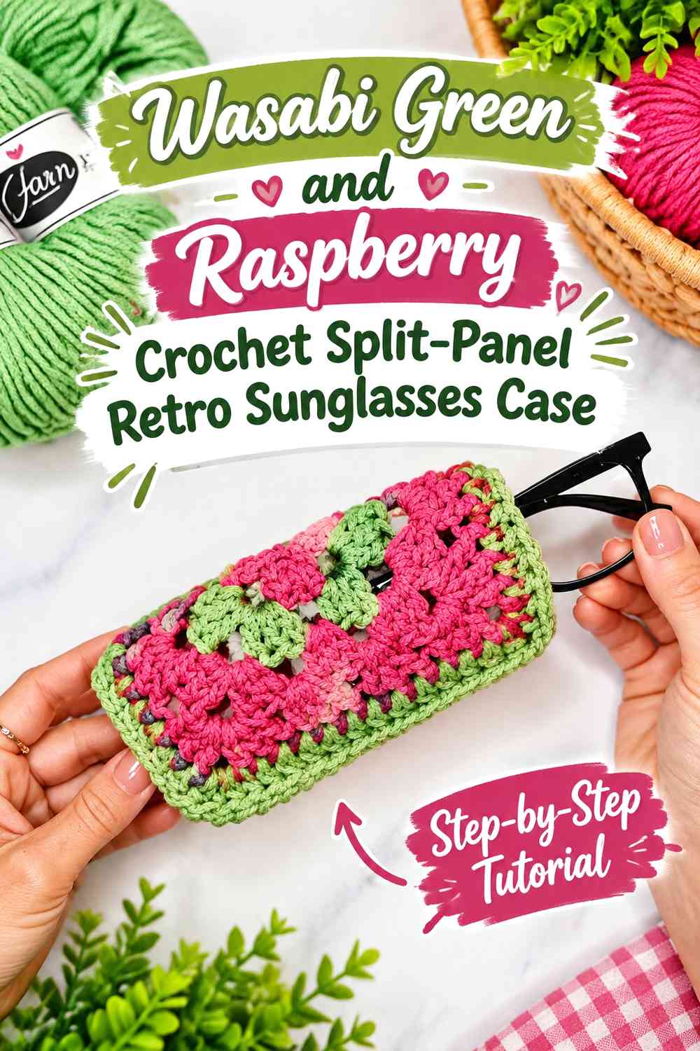 Wasabi Green and Raspberry Crochet Split-Panel Retro Sunglasses Case