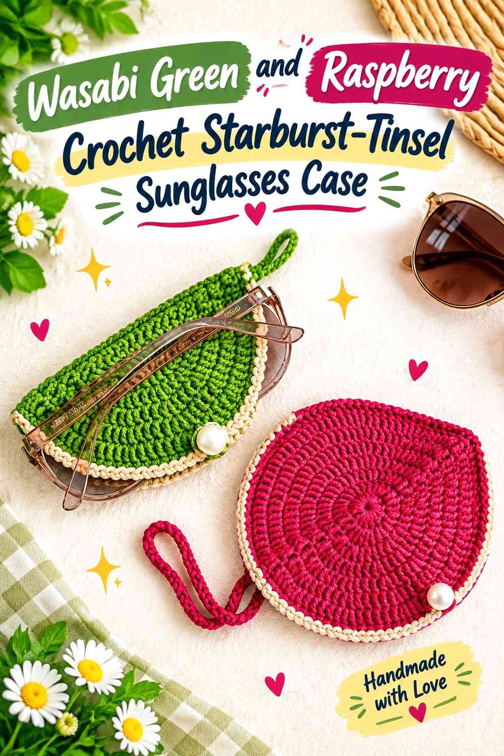 Wasabi Green and Raspberry Crochet Starburst-Tinsel Sunglasses Case