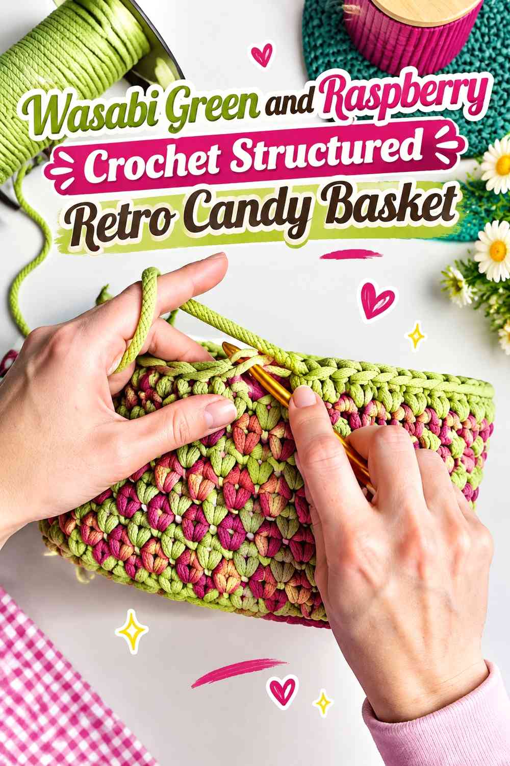 Wasabi Green and Raspberry Crochet Structured Retro Candy Basket