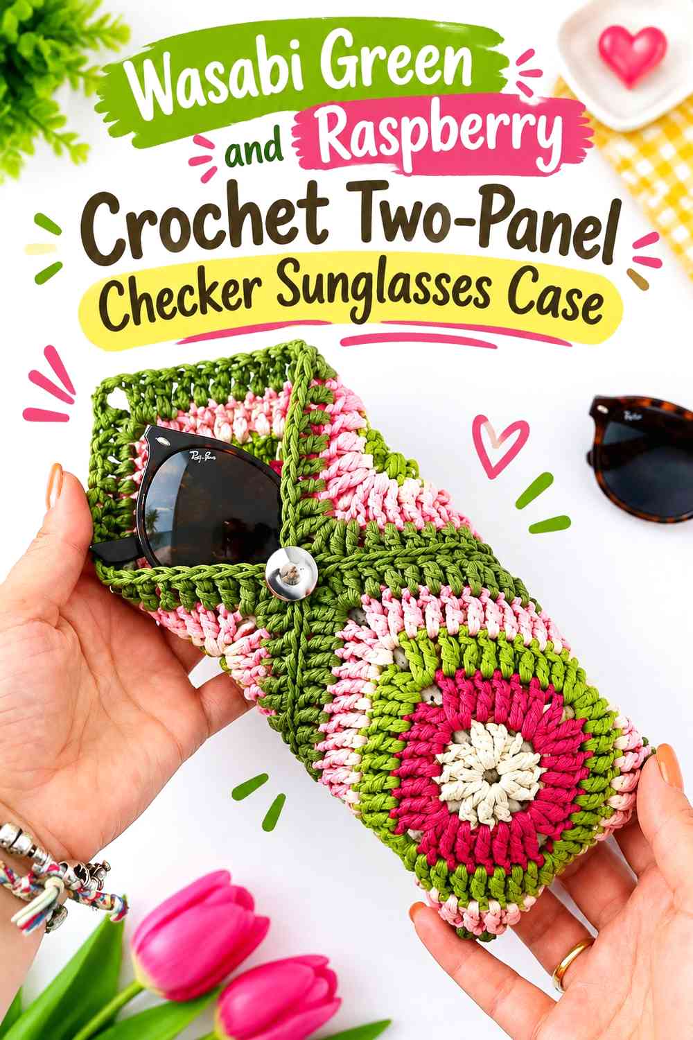 Wasabi Green and Raspberry Crochet Two-Panel Checker Sunglasses Case