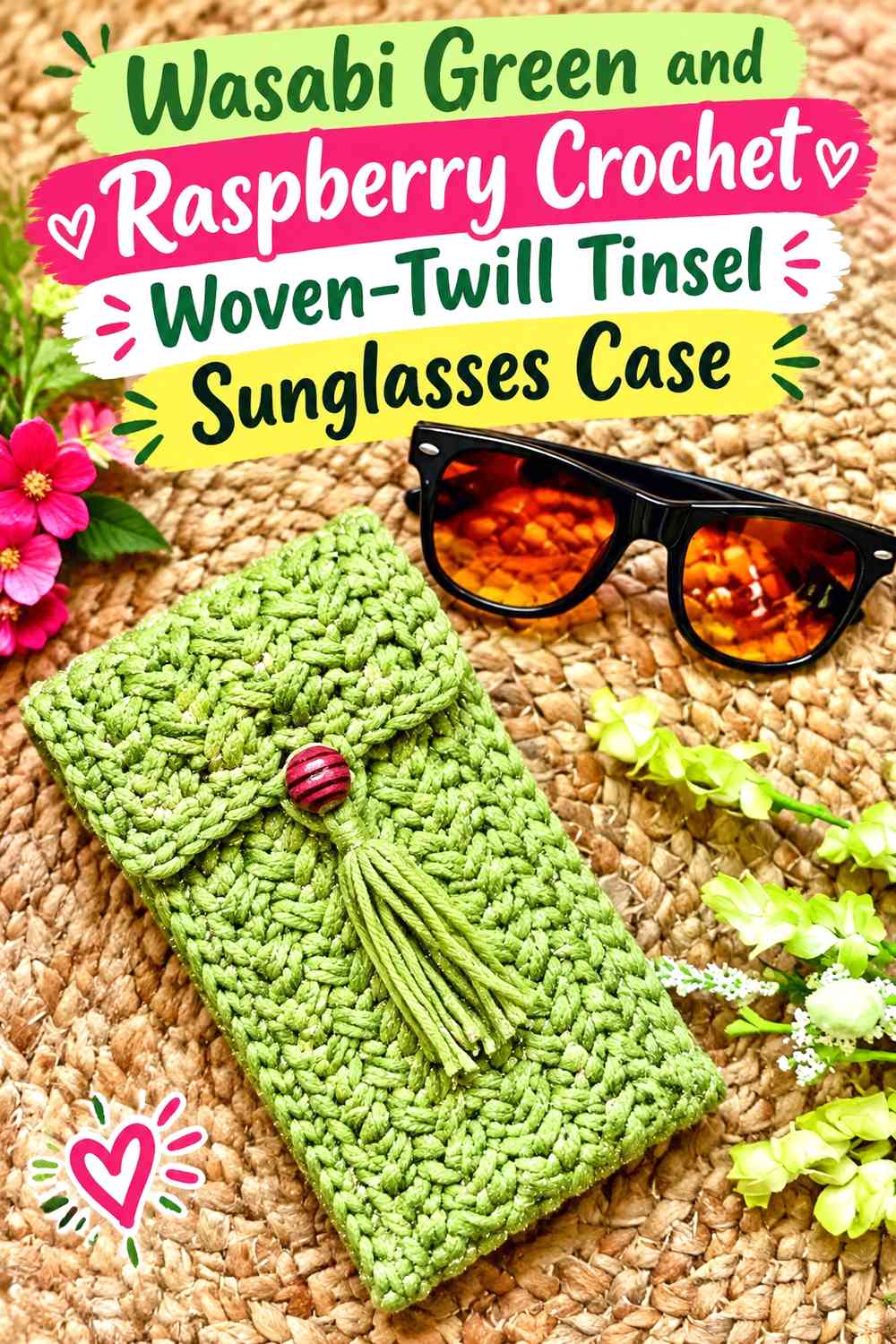 Wasabi Green and Raspberry Crochet Woven-Twill Tinsel Sunglasses Case