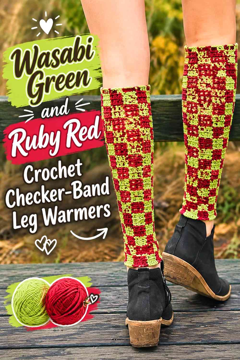 Wasabi Green and Ruby Red Crochet Checker-Band Leg Warmers