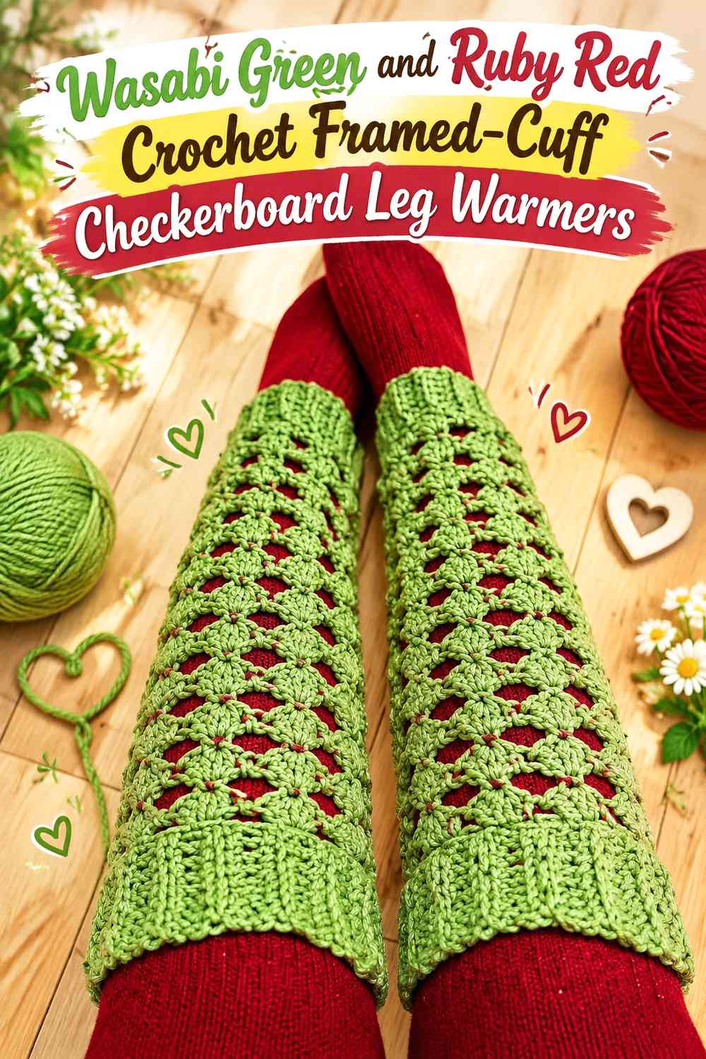 Wasabi Green and Ruby Red Crochet Framed-Cuff Checkerboard Leg Warmers