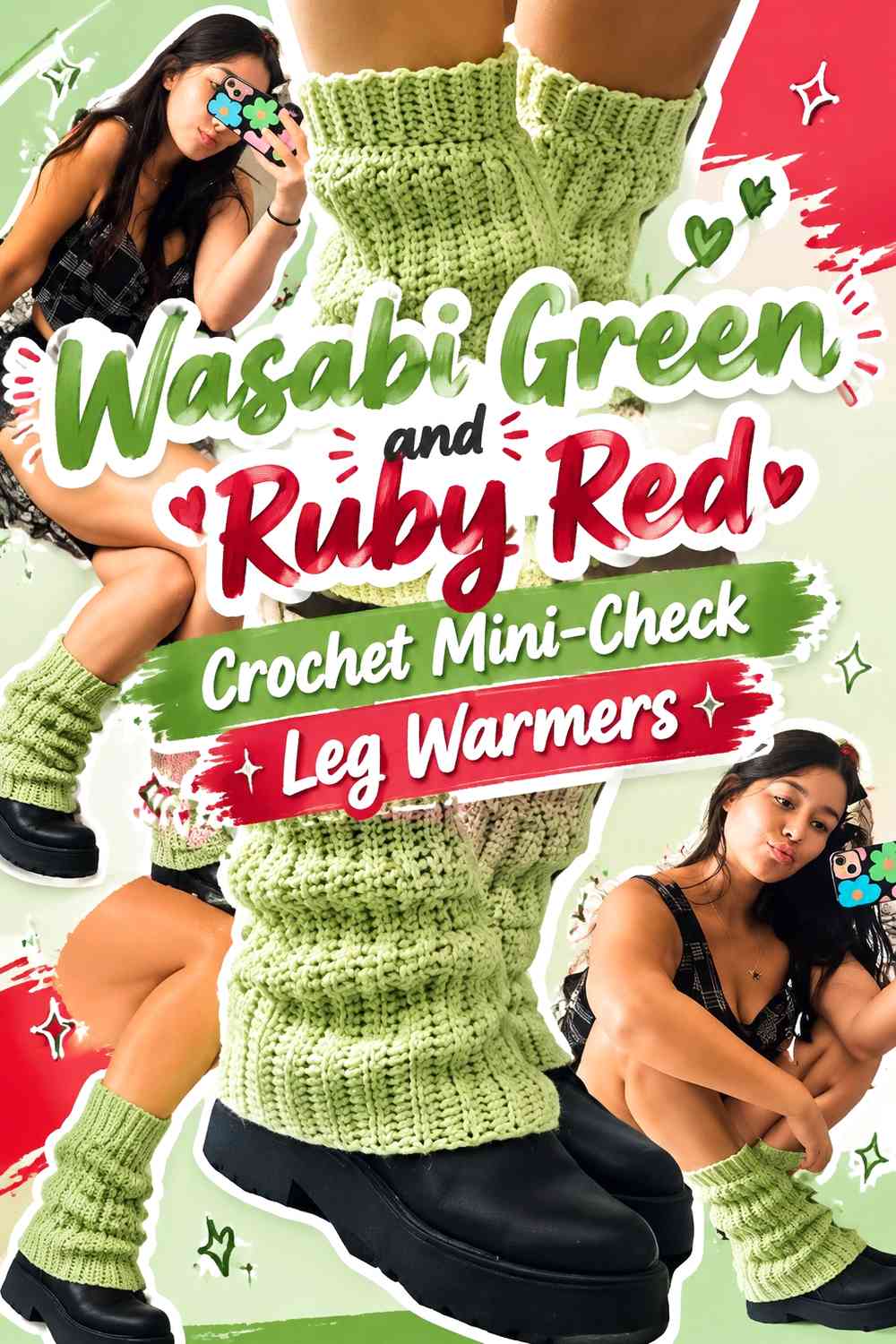 Wasabi Green and Ruby Red Crochet Mini-Check Leg Warmers