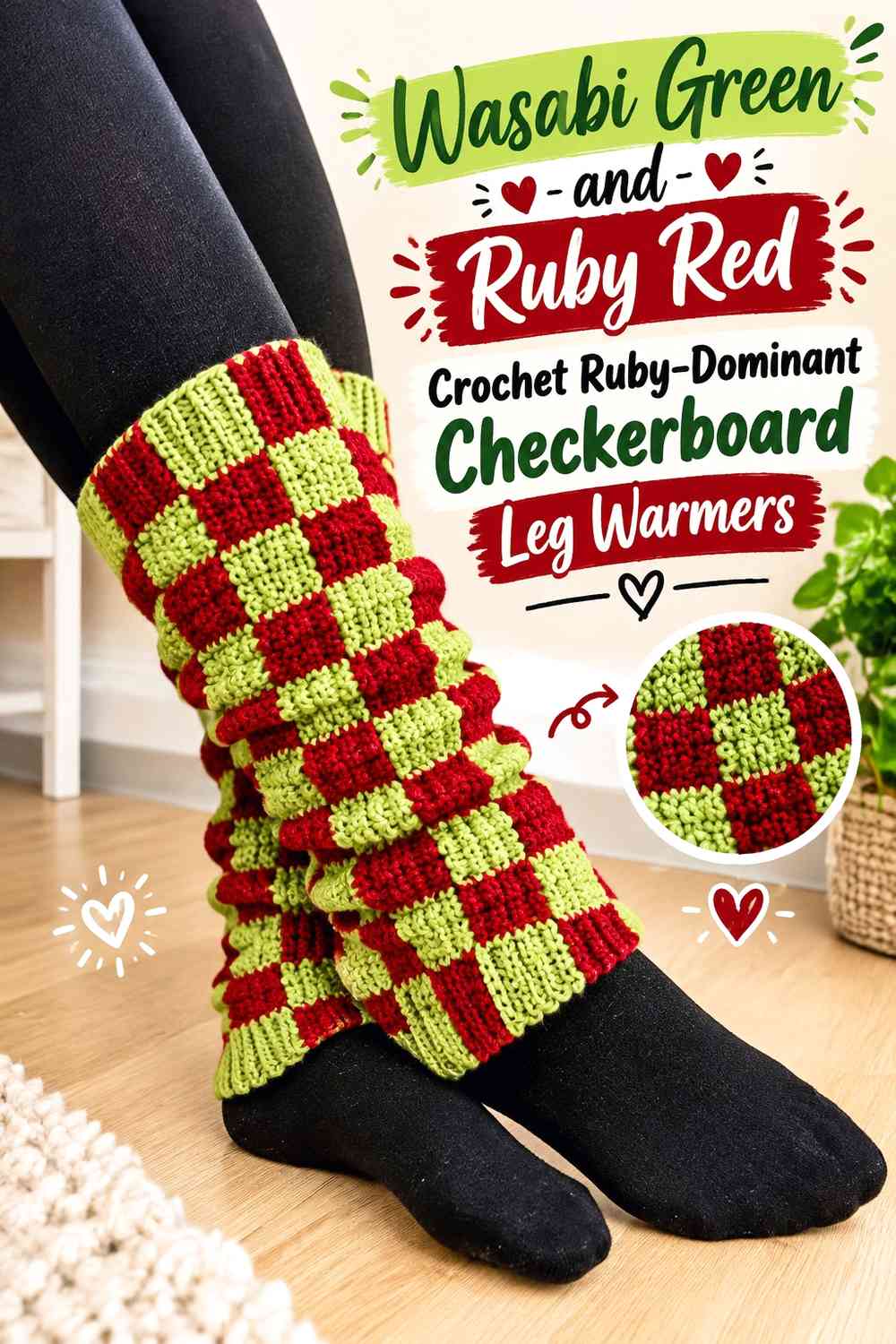 Wasabi Green and Ruby Red Crochet Ruby-Dominant Checkerboard Leg Warmers