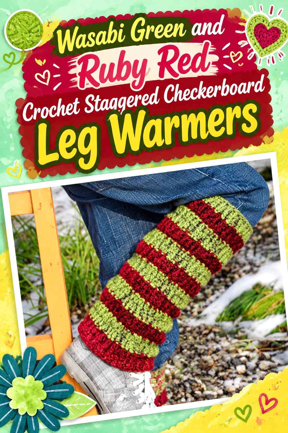 Wasabi Green and Ruby Red Crochet Staggered Checkerboard Leg Warmers