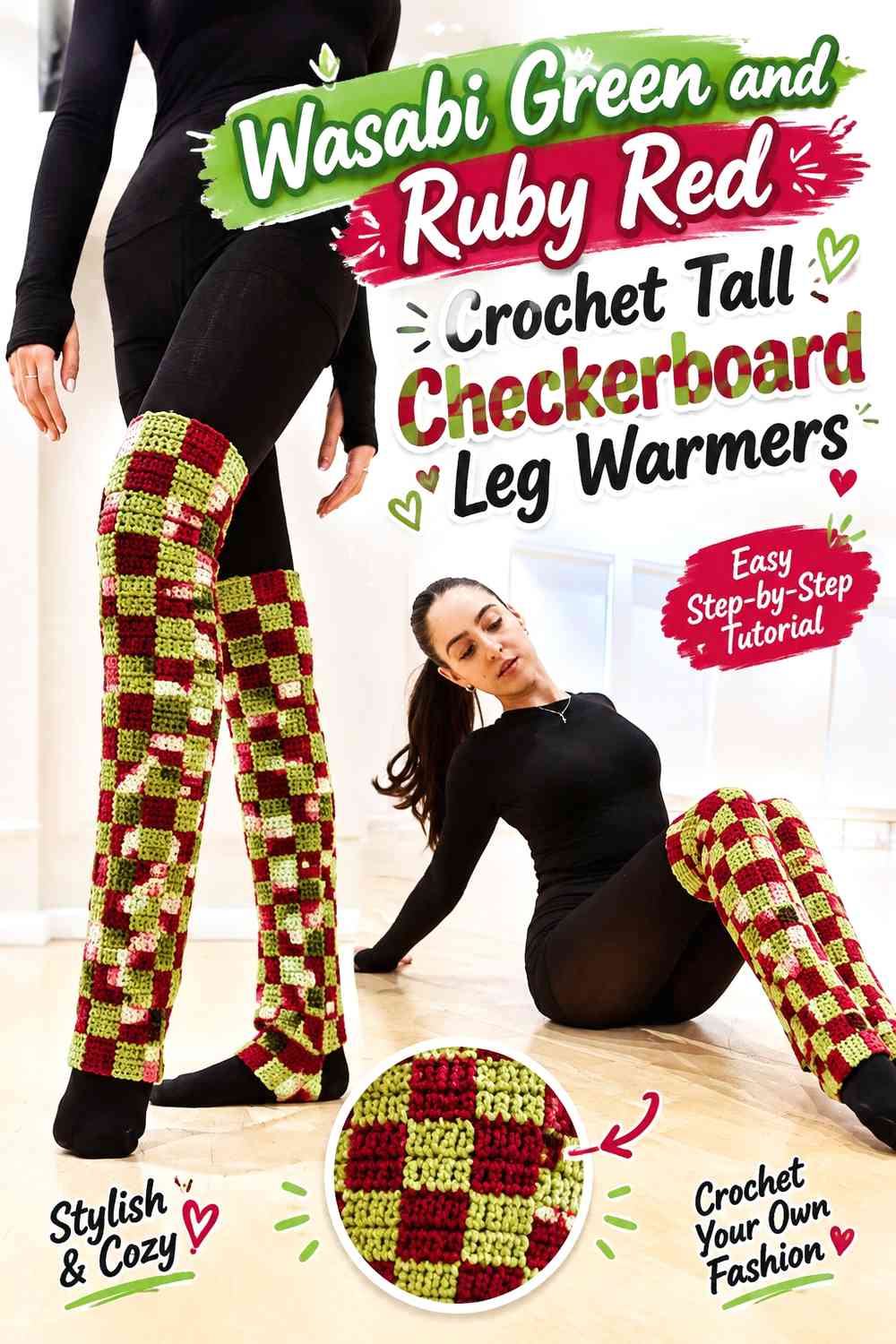 Wasabi Green and Ruby Red Crochet Tall Checkerboard Leg Warmers