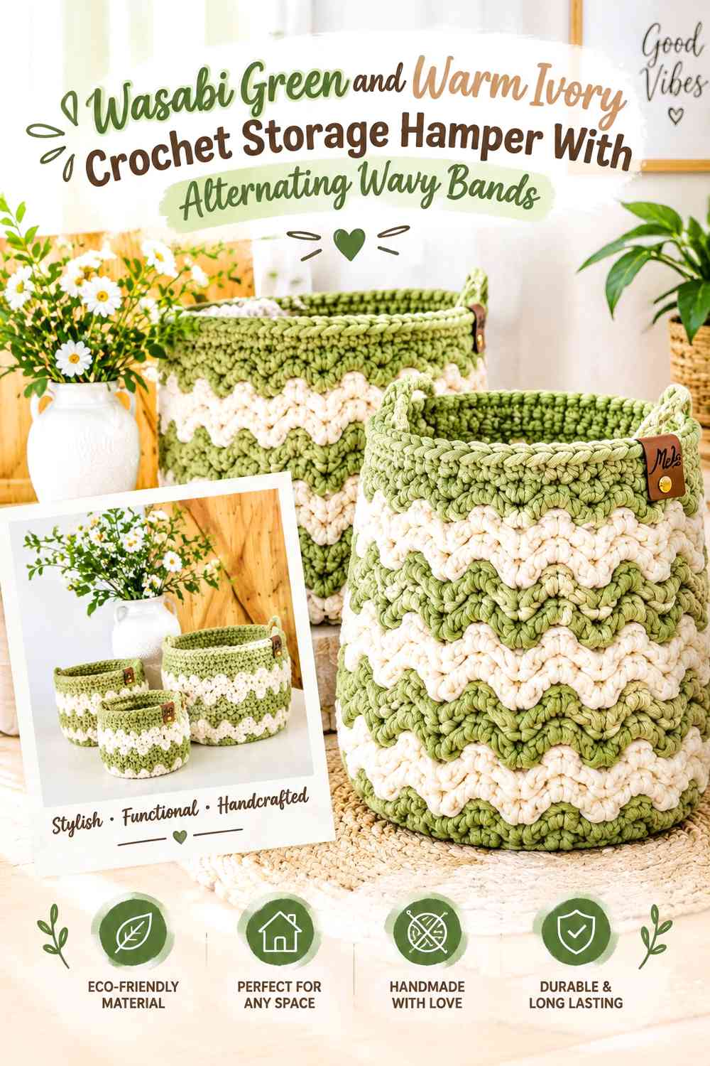 Wasabi Green and Warm Ivory Crochet Storage Hamper With Alternating Wavy Bands