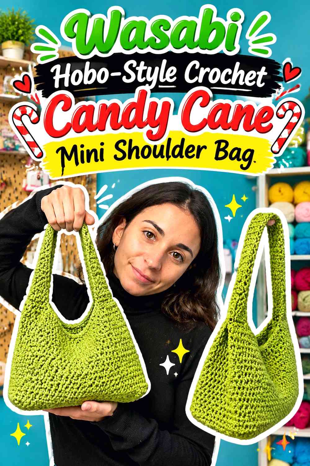 Wasabi Hobo-Style Crochet Candy Cane Mini Shoulder Bag